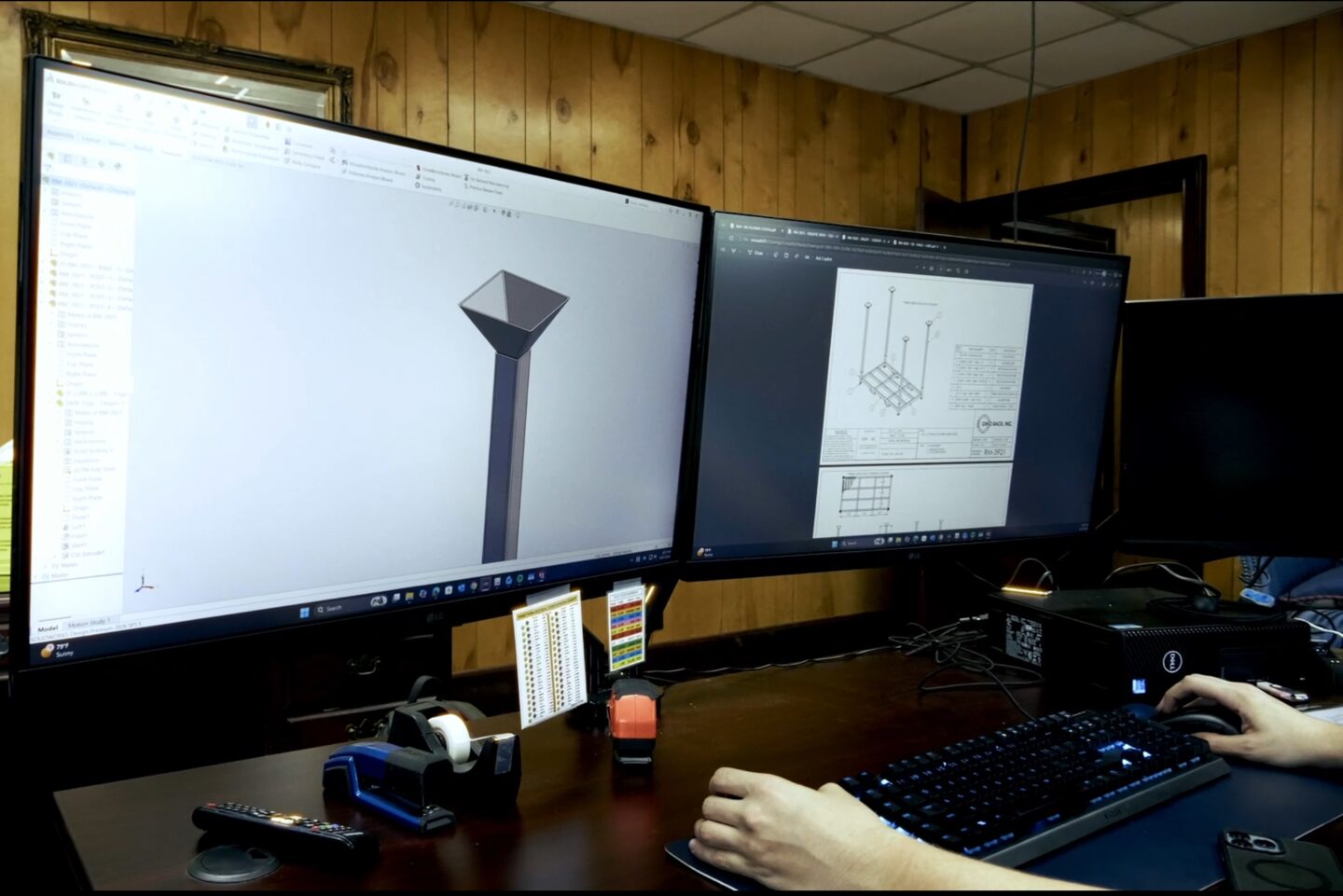 CAD workstation showing a stack rack model and drawing used for Ohio Rack layout support.
