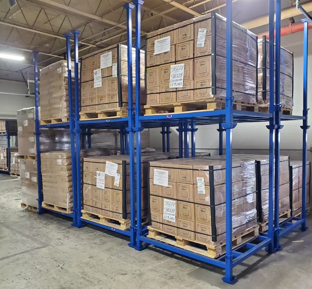 Loaded custom portable stack rack supporting customer product in storage